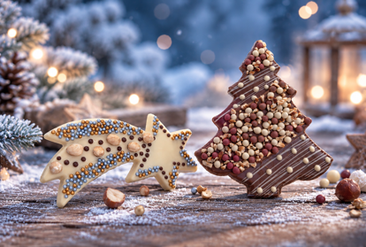 Schokoladensternschnuppe und Weihnachtsbaum